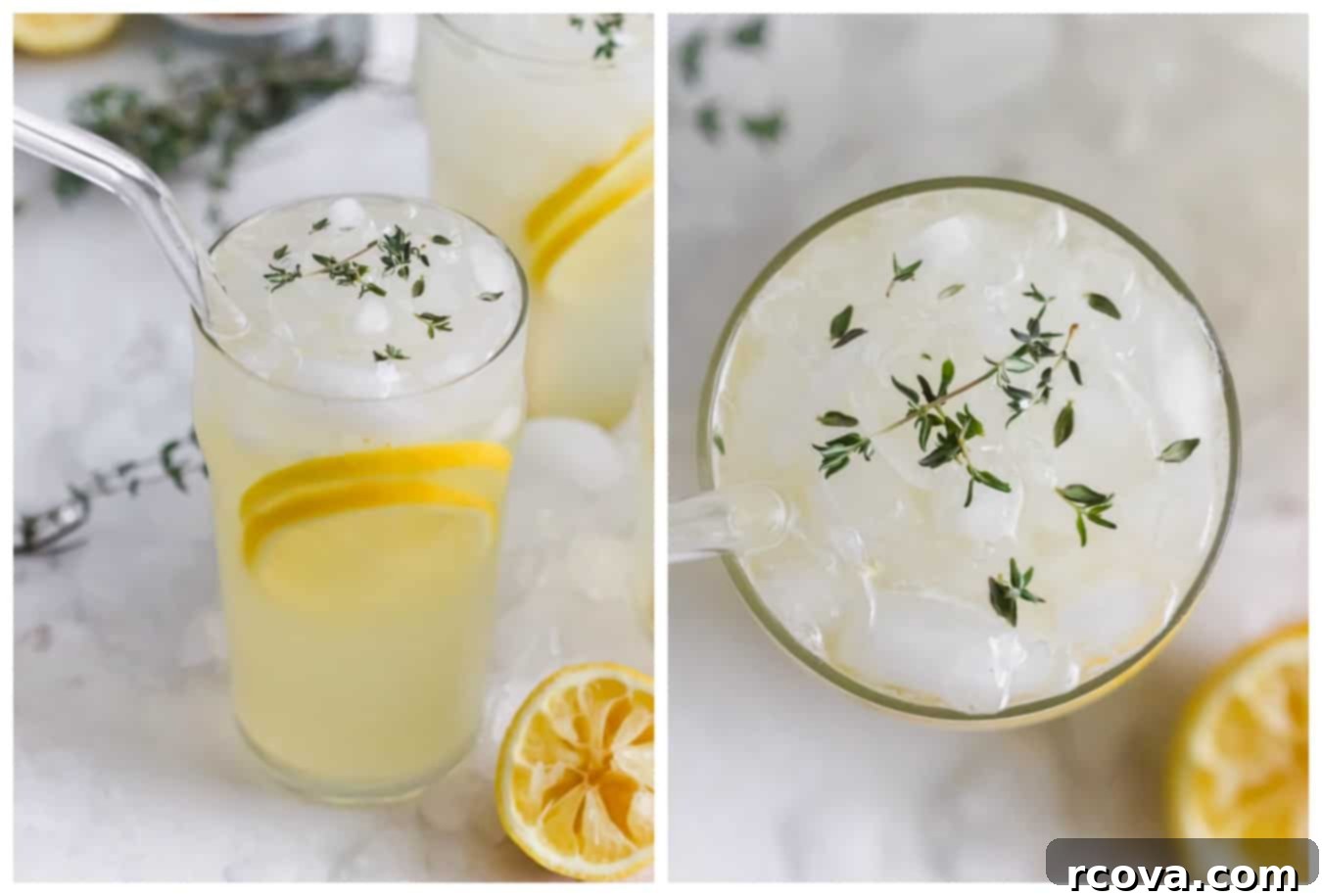Spiked Patio Lemonade 4 Close-up of Boozy Backyard Lemonade garnished with lemon slices and fresh thyme