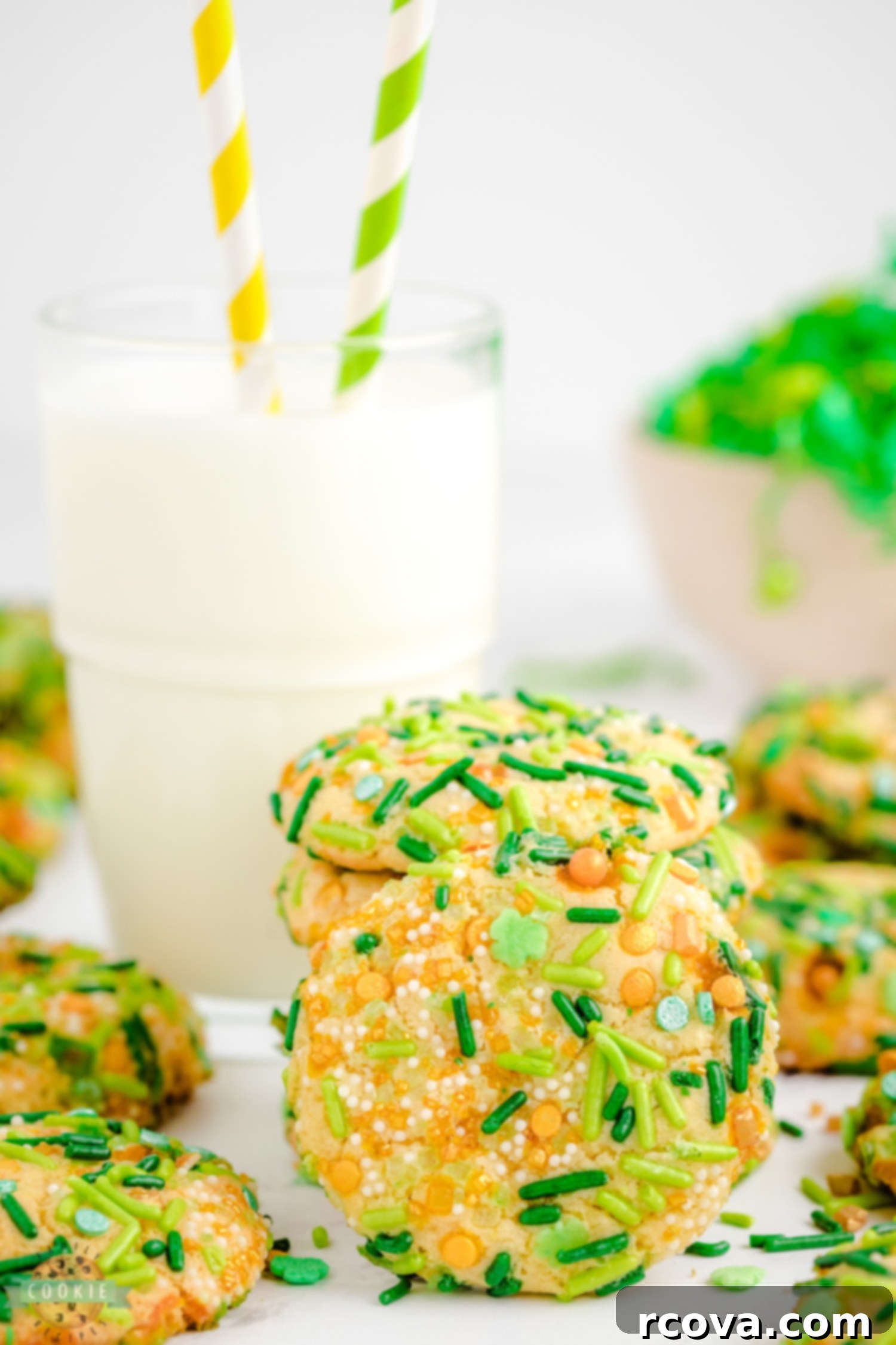 Lucky St. Patrick's Sprinkle Cookies 4 green sprinkle cookies with a glass of milk, a perfect St. Patrick's Day treat