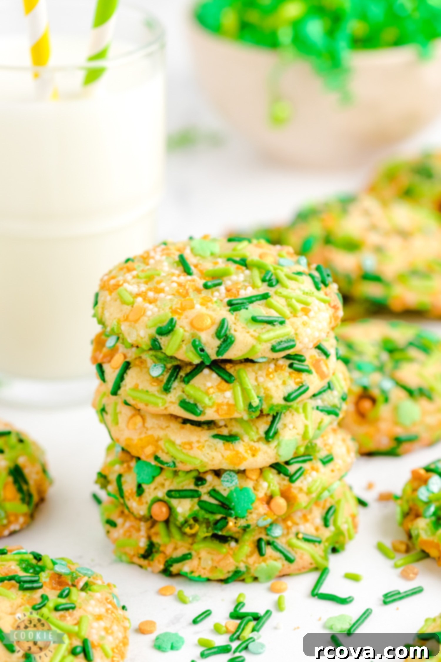 Lucky St. Patrick's Sprinkle Cookies 9 stack of vanilla pudding cookies rolled in green and gold sprinkles for a festive look