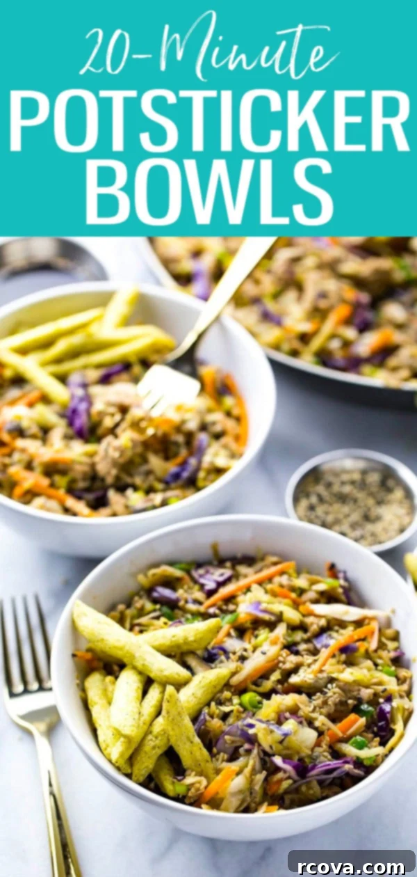 Quick 20-Minute Low-Carb Potsticker Bowls 10 These Easy 20-Minute Potsticker Bowls are a quick low carb dinner idea made with ground chicken, coleslaw, mushrooms and sesame sauce! #mealprep #potstickerbowls