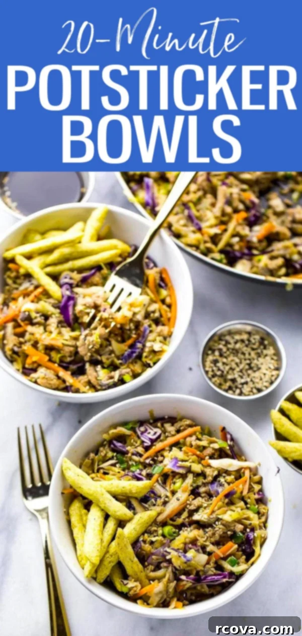 Quick 20-Minute Low-Carb Potsticker Bowls 11 These Easy 20-Minute Potsticker Bowls are a quick low carb dinner idea made with ground chicken, coleslaw, mushrooms and sesame sauce! #mealprep #potstickerbowls