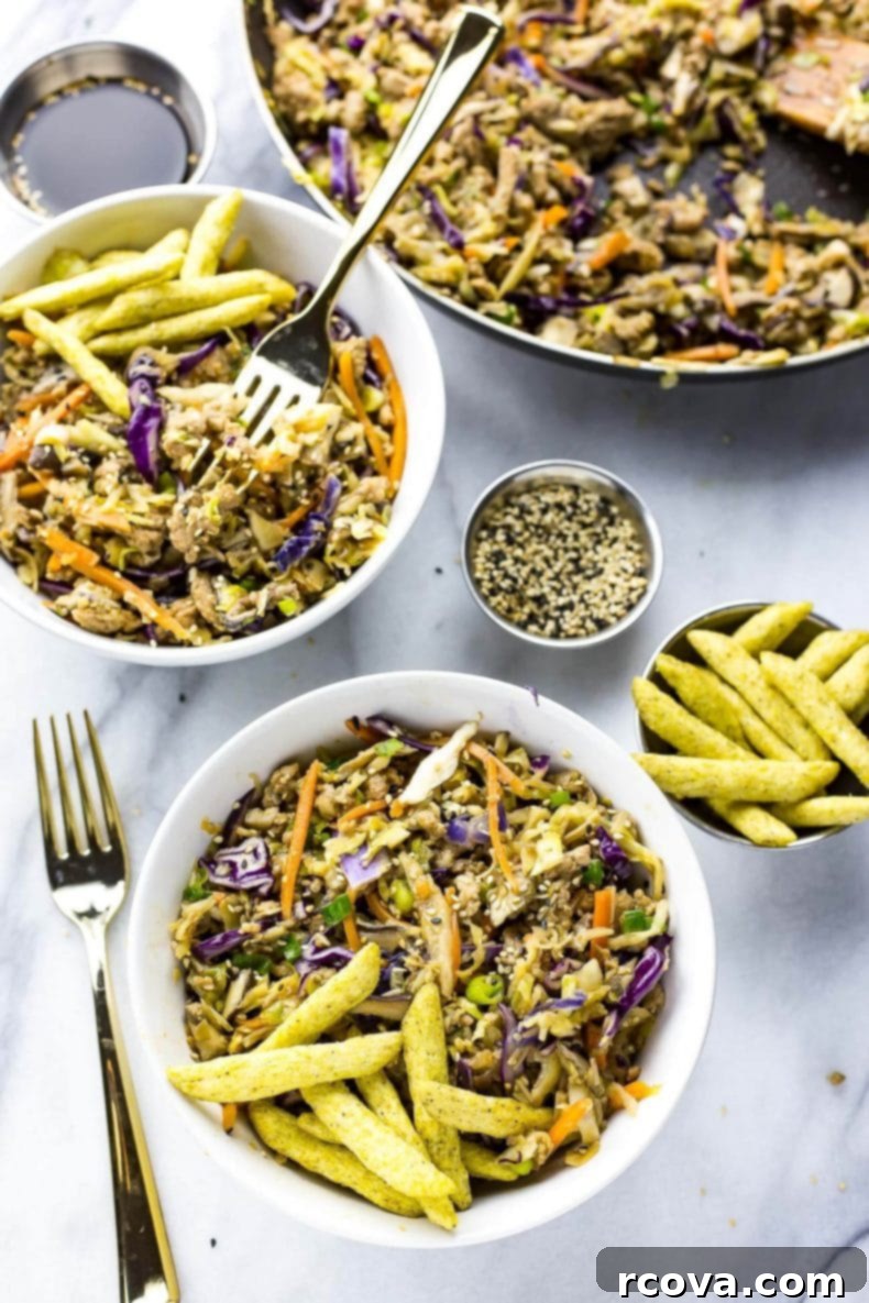 Quick 20-Minute Low-Carb Potsticker Bowls 5 These Easy 20-Minute Potsticker Bowls are a quick and delicious dinner idea that is also low-carb. All you need is some ground chicken, a bag of coleslaw, mushrooms and a soy-sesame sauce!