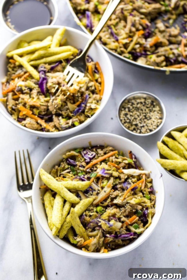 Quick 20-Minute Low-Carb Potsticker Bowls 7 These Easy 20-Minute Potsticker Bowls are a quick low carb dinner idea made with ground chicken, coleslaw, mushrooms and a soy-sesame sauce!