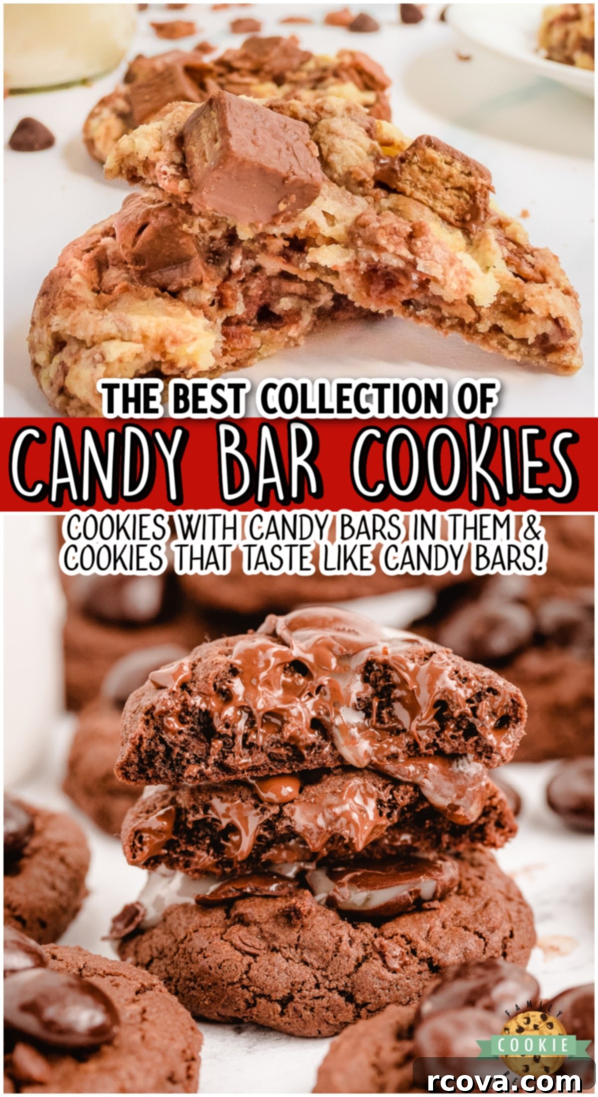 Decadent Candy Bar Cookies 16 A fun collection of delicious candy bar cookies including Snickers, Kit Kats, Almond Joys, and more, perfect for any sweet craving.