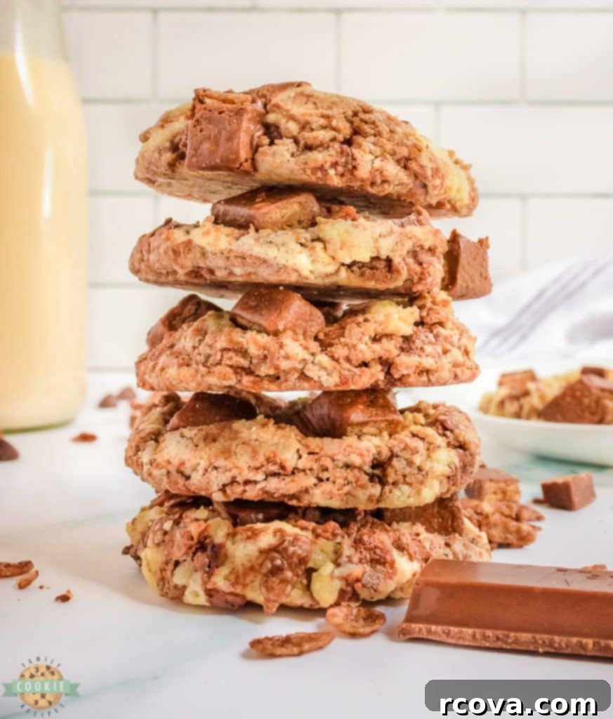 Decadent Candy Bar Cookies 8 Stack of uniquely crispy and soft Kit Kat cookies with chocolate and Kit Kat chunks