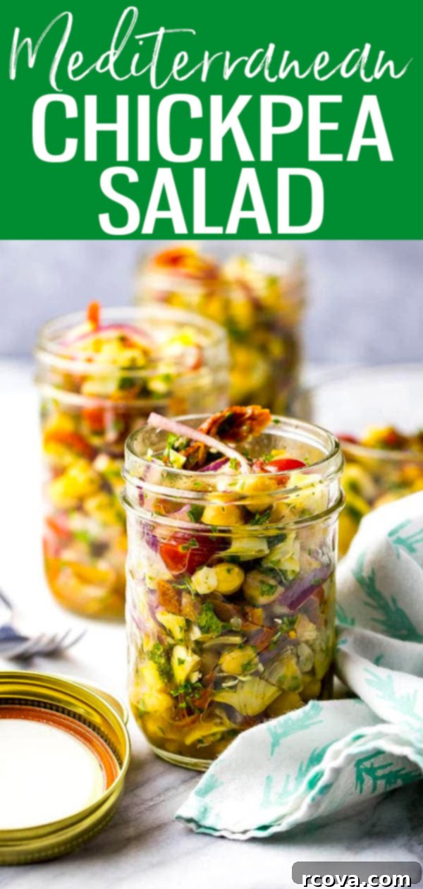 Effortless Mediterranean Chickpea Salad 11 These Mediterranean Chickpea Salad Jars with artichokes and sun-dried tomatoes are the perfect plant-based lunch and are great for meal prep! #chickpea #masonjarsalad
