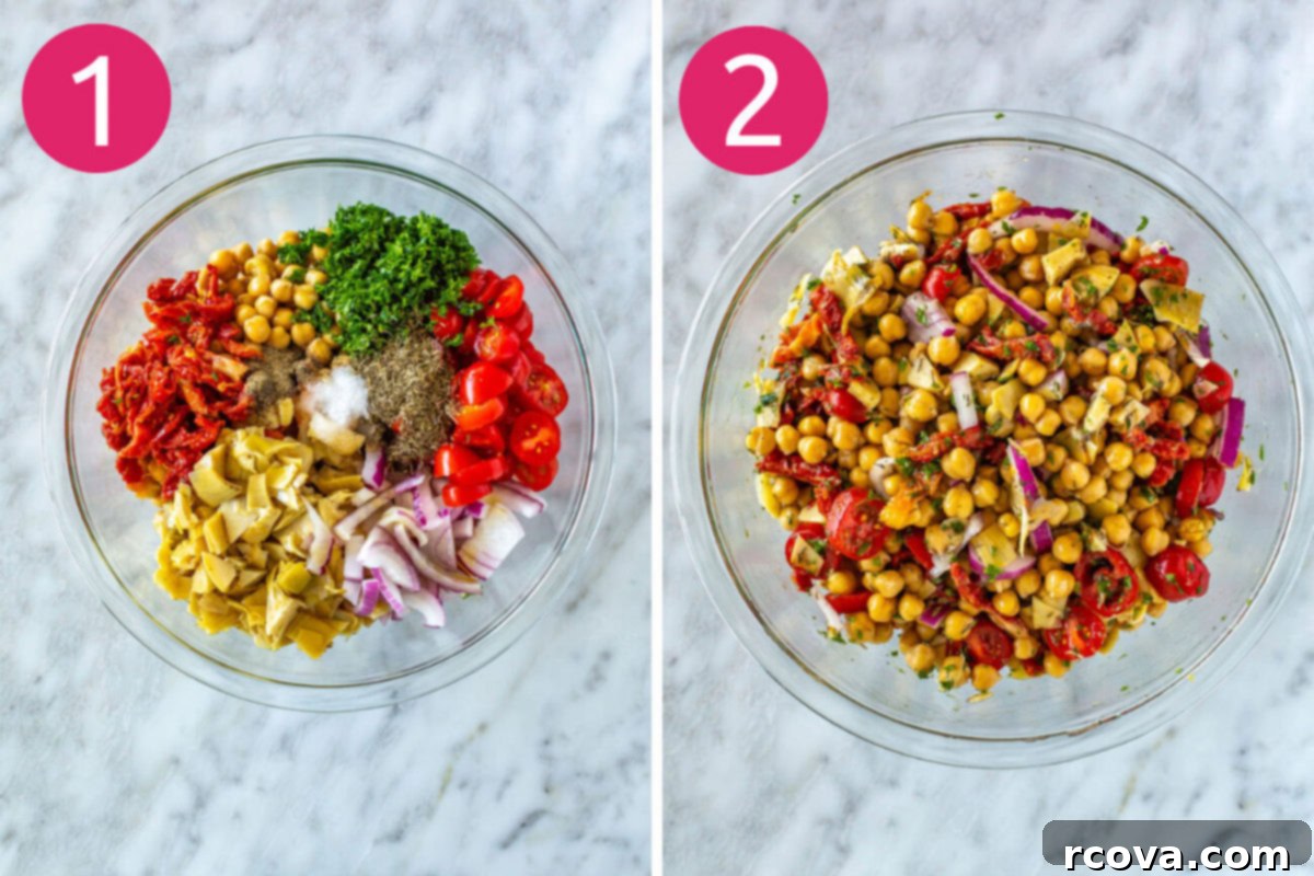 Effortless Mediterranean Chickpea Salad 5 Steps 1 and 2 for making Mediterranean chickpea salad jars: First, prep all ingredients by chopping and draining. Second, mix everything together in a large bowl.