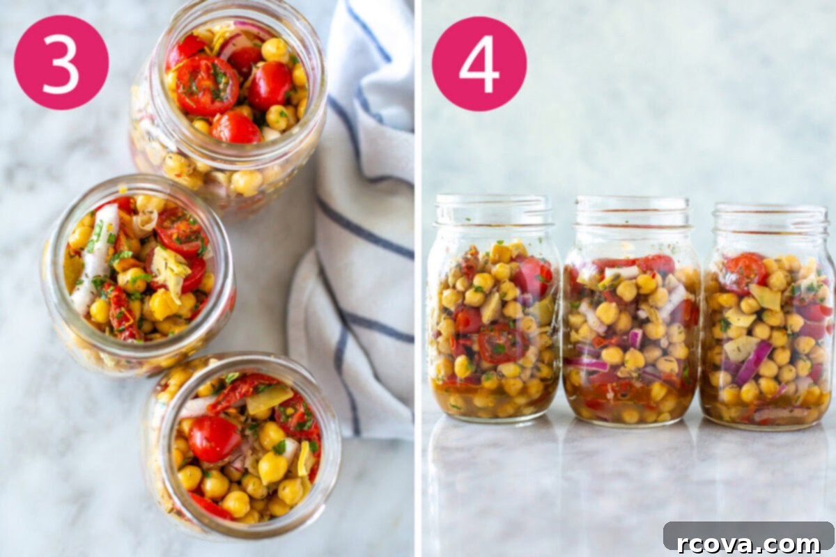 Effortless Mediterranean Chickpea Salad 6 Steps 3 and 4 for making Mediterranean chickpea salad jars: Third, portion the salad into mason jars. Fourth, store refrigerated or serve immediately.