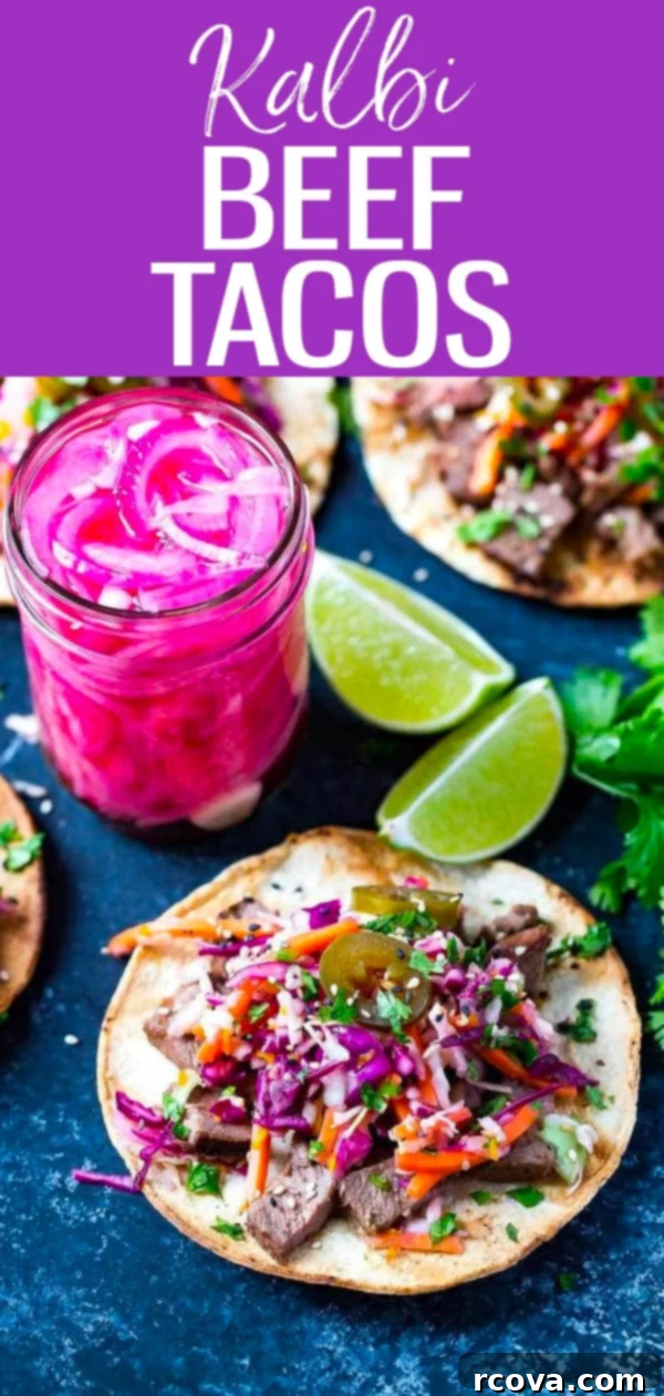 Korean BBQ Kalbi Tacos with Fresh Citrus Slaw 12 These Kalbi Beef Tacos are inspired by Korean cuisine with a delicious kalbi marinade and pickled red onions topped with citrus slaw! #kalbibeef #tacos