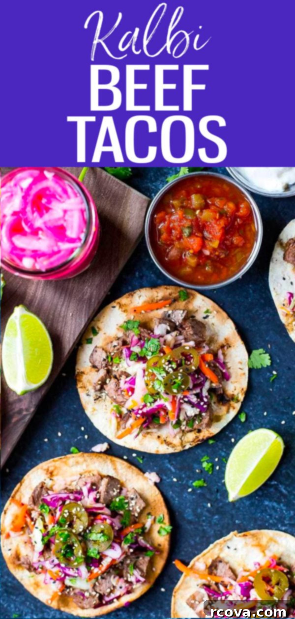 Korean BBQ Kalbi Tacos with Fresh Citrus Slaw 13 These Kalbi Beef Tacos are inspired by Korean cuisine with a delicious kalbi marinade and pickled red onions topped with citrus slaw! #kalbibeef #tacos