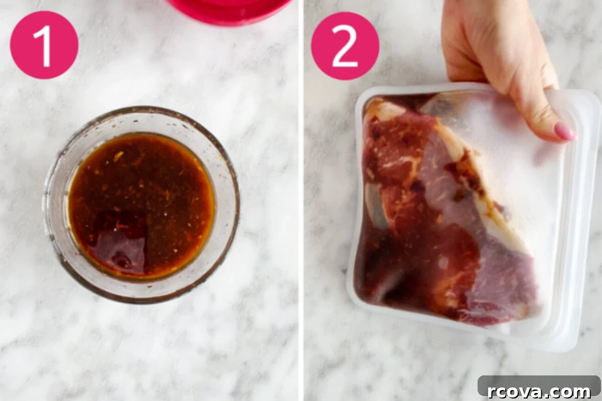 Korean BBQ Kalbi Tacos with Fresh Citrus Slaw 5 Visual guide for preparing Kalbi Beef Tacos, showing step 1: mixing the marinade, and step 2: marinating the sirloin steak to infuse it with rich Korean flavors.