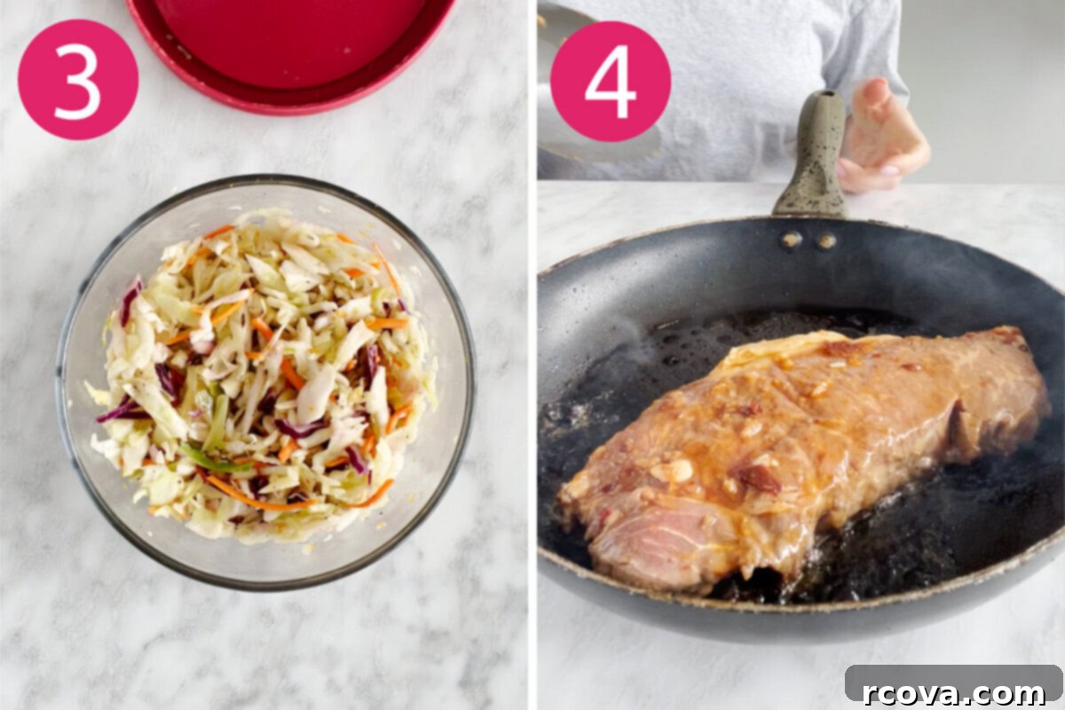 Korean BBQ Kalbi Tacos with Fresh Citrus Slaw 6 Visual guide for preparing Kalbi Beef Tacos, showing step 3: preparing the fresh citrus coleslaw, and step 4: grilling the marinated steak to perfection.