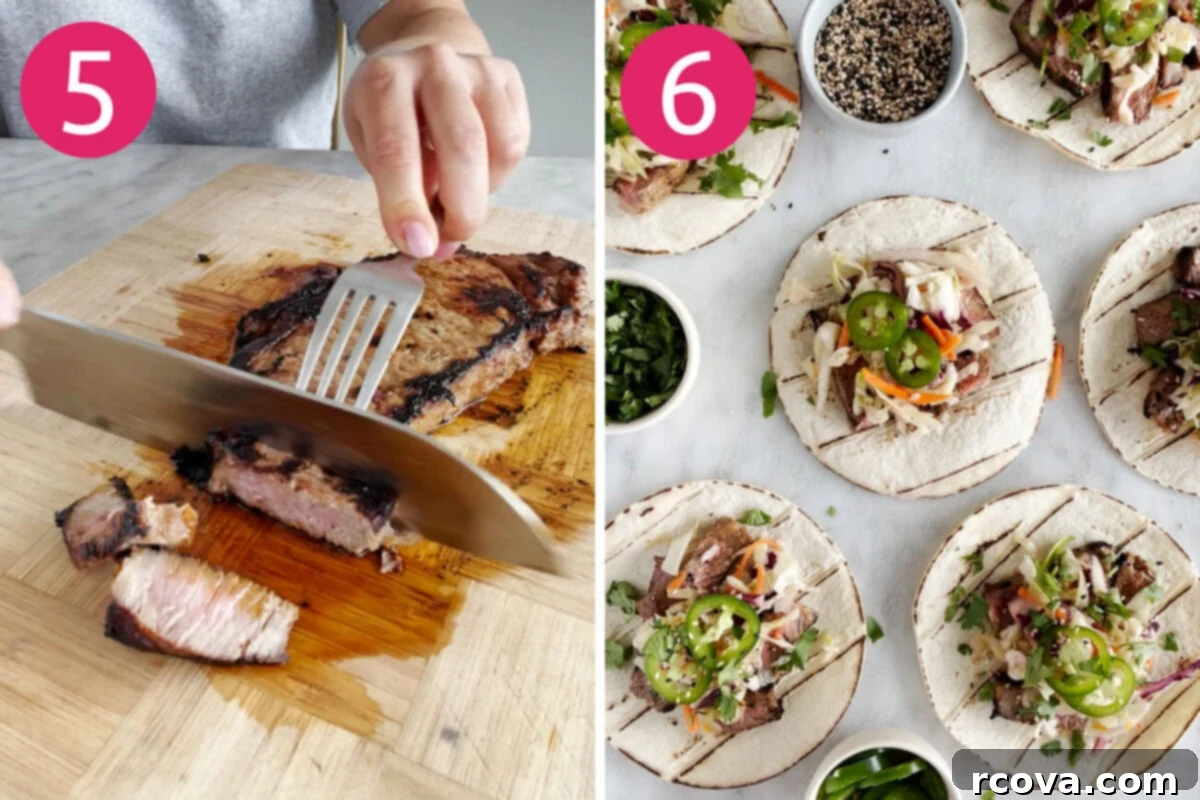 Korean BBQ Kalbi Tacos with Fresh Citrus Slaw 7 Visual guide for preparing Kalbi Beef Tacos, showing step 5: slicing the perfectly cooked steak against the grain, and step 6: assembling the delicious tacos.
