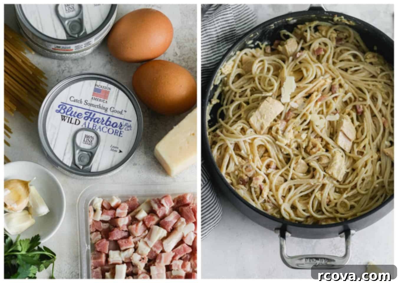 Effortless Canned Tuna Carbonara 3 Close-up of creamy tuna carbonara pasta garnished with fresh herbs
