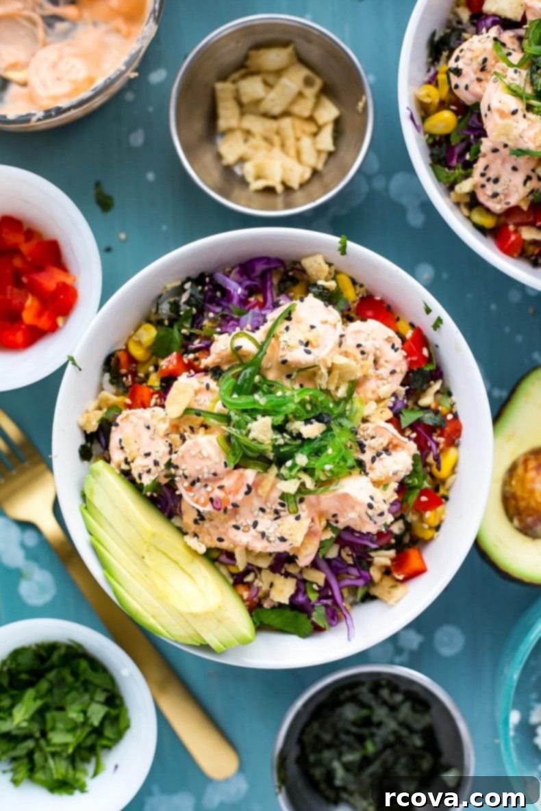 Spicy Creamy Shrimp Poke Delight 4 A close-up of the delicious Creamy Sriracha Shrimp Poke Bowls, highlighting the colorful ingredients and textures.