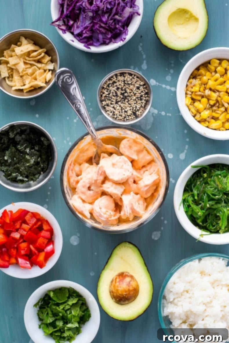 Spicy Creamy Shrimp Poke Delight 5 The process of assembling Creamy Sriracha Shrimp Poke Bowls with various fresh ingredients.