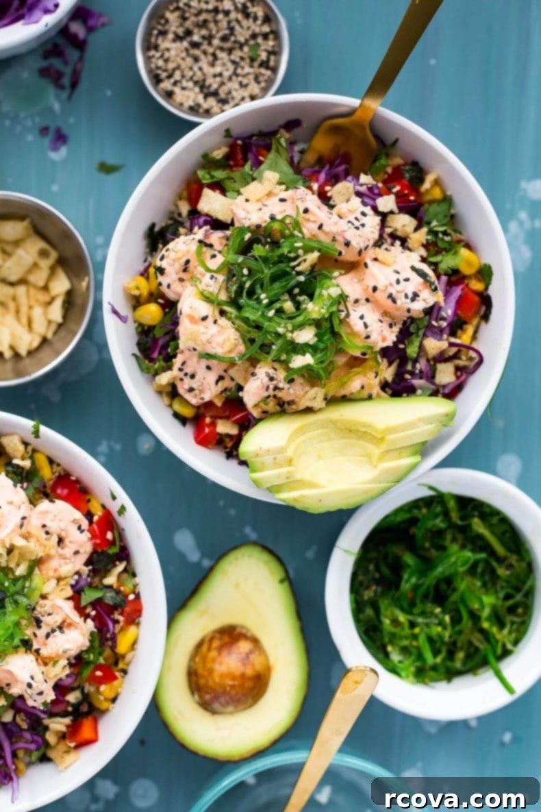Spicy Creamy Shrimp Poke Delight 7 Another appealing view of the Creamy Sriracha Shrimp Poke Bowls, emphasizing freshness and readiness for eating.