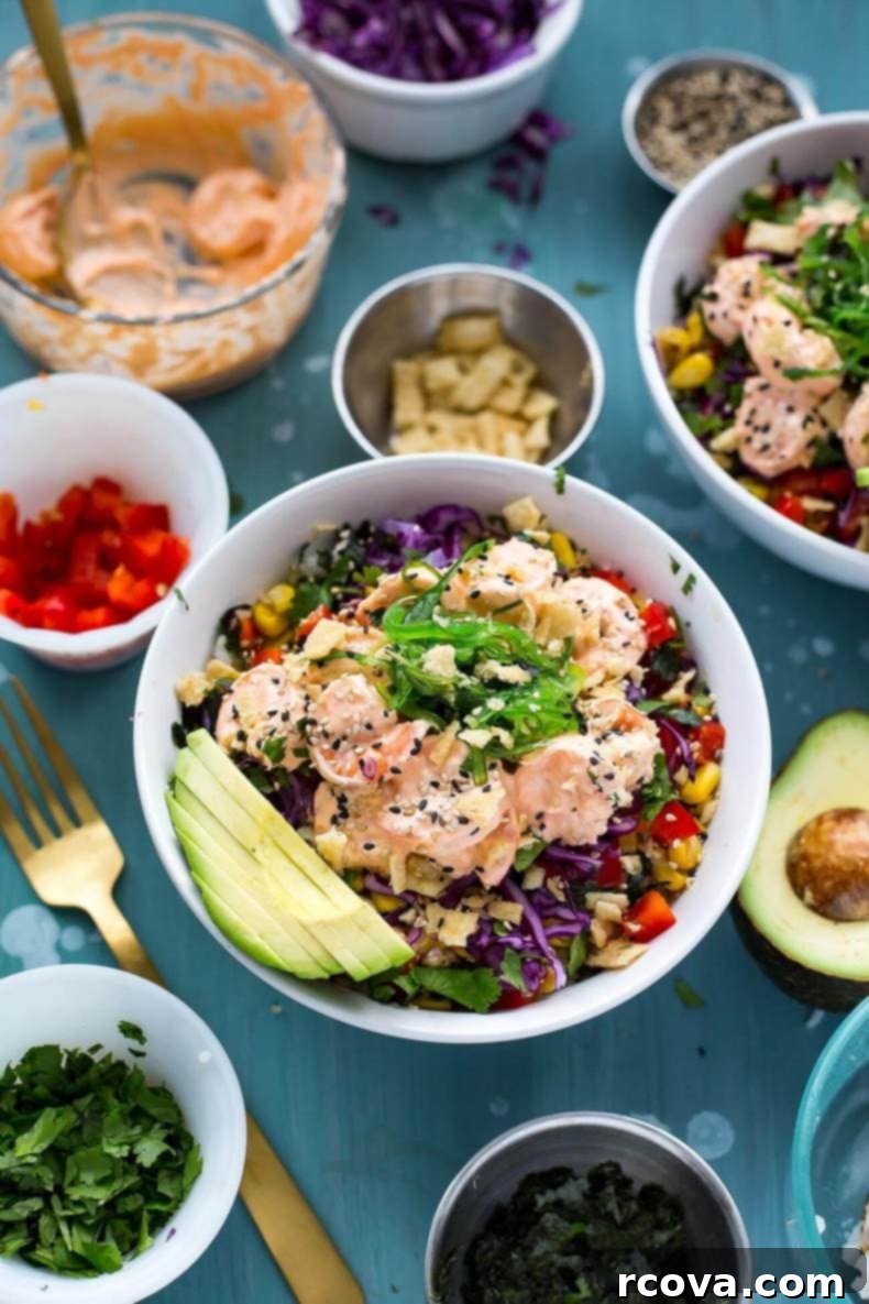 Spicy Creamy Shrimp Poke Delight 8 The finished Creamy Sriracha Shrimp Poke Bowls, presented beautifully.
