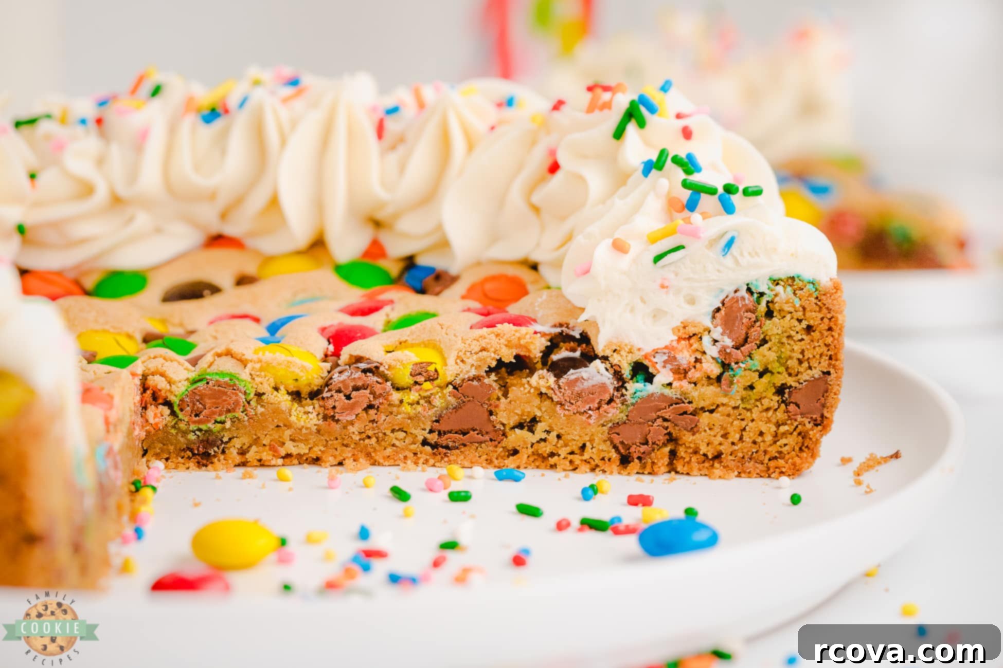 Ultimate Birthday Cookie Cake 4 chocolate chip M&M cookie cake cut into