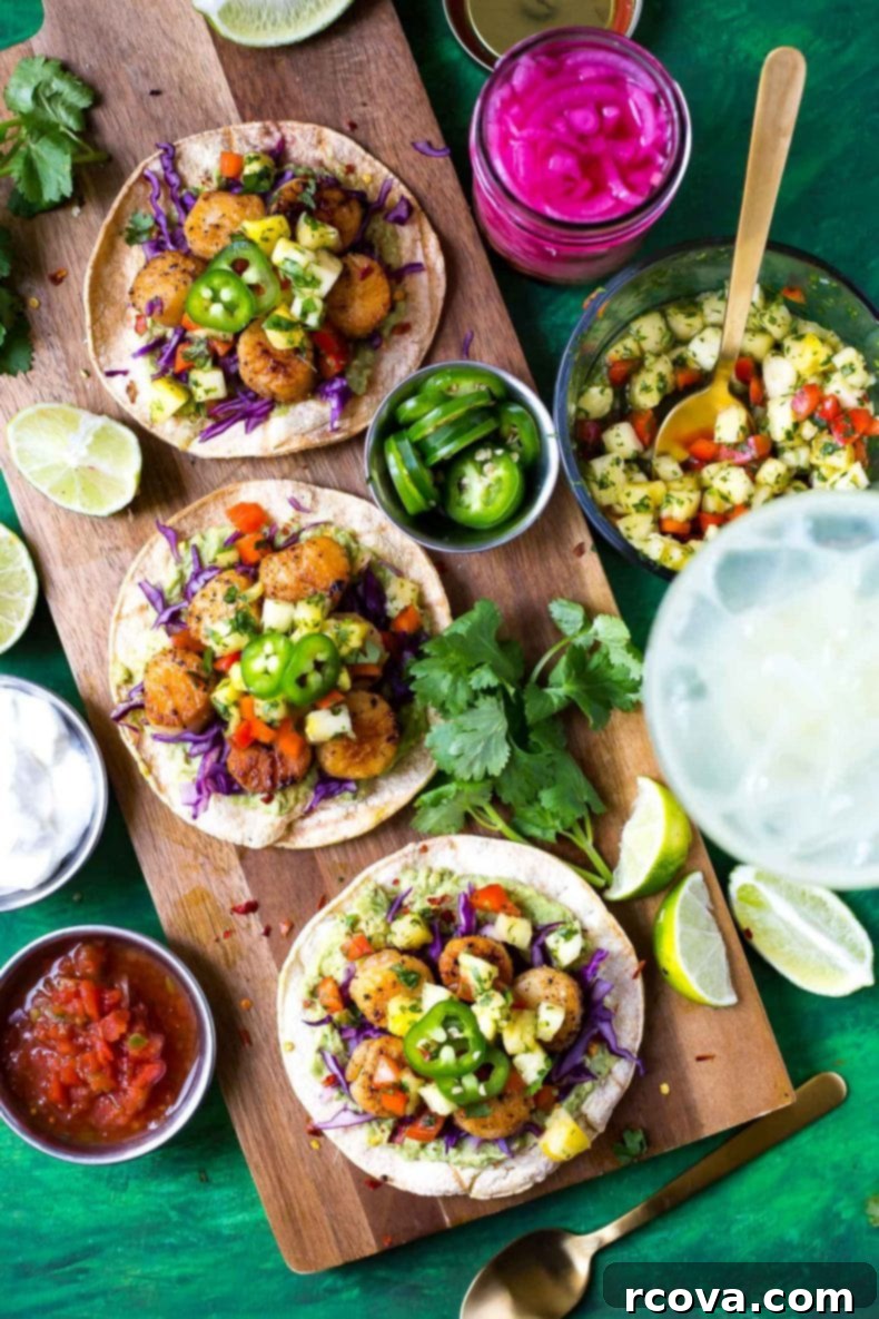 Sun Kissed Scallop Tacos with Pineapple Zing 2 Spicy Seared Scallop Tacos with a savory cilantro-filled Pineapple Salsa, served on corn tortillas – a perfect, festive party food with a unique twist.