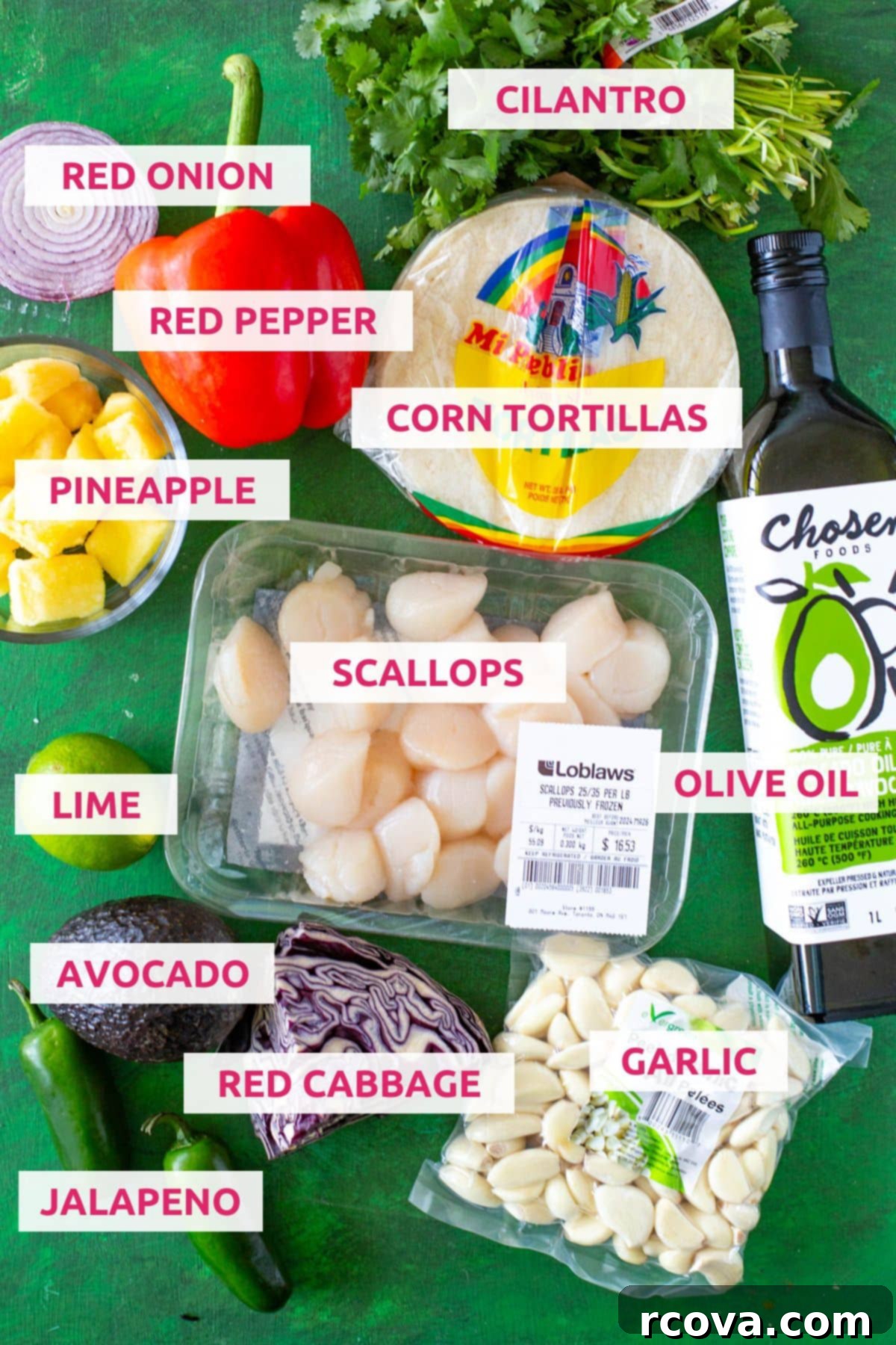 Sun Kissed Scallop Tacos with Pineapple Zing 4 Ingredients for gourmet scallop tacos: fresh cilantro, diced red onion, colorful red bell pepper, soft corn tortillas, sweet pineapple chunks, zesty lime, plump scallops, rich olive oil, creamy avocado, crisp red cabbage, spicy jalapeno, and aromatic minced garlic