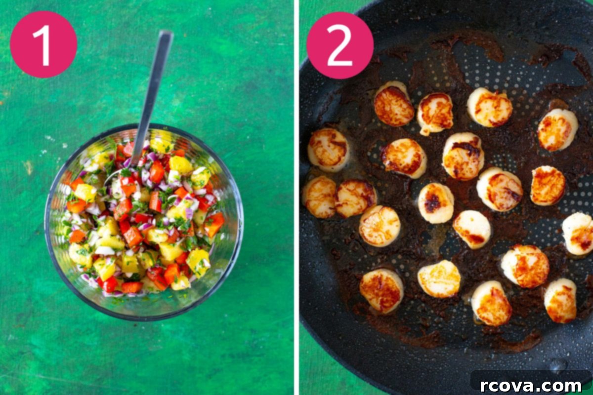 Sun Kissed Scallop Tacos with Pineapple Zing 5 Steps 1 and 2 for making delicious scallop tacos: preparing fresh ingredients and perfectly searing the scallops.