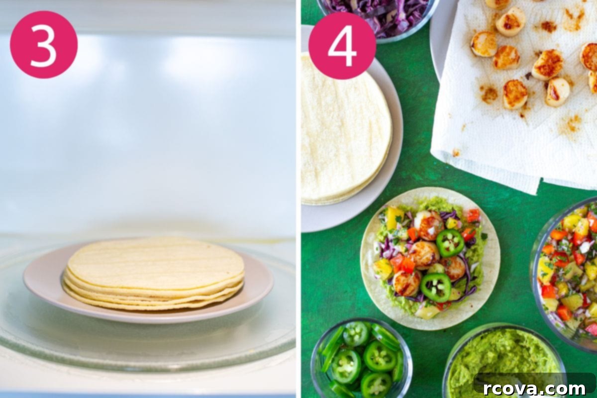 Sun Kissed Scallop Tacos with Pineapple Zing 6 Steps 3 and 4 for assembling gourmet scallop tacos: warming tortillas and layering fresh ingredients.