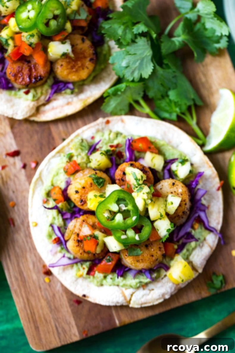 Sun Kissed Scallop Tacos with Pineapple Zing 7 Spicy Seared Scallop Tacos with a savory cilantro-filled Pineapple Salsa and served on corn tortillas are the perfect party food for Cinco de Mayo - with a twist!