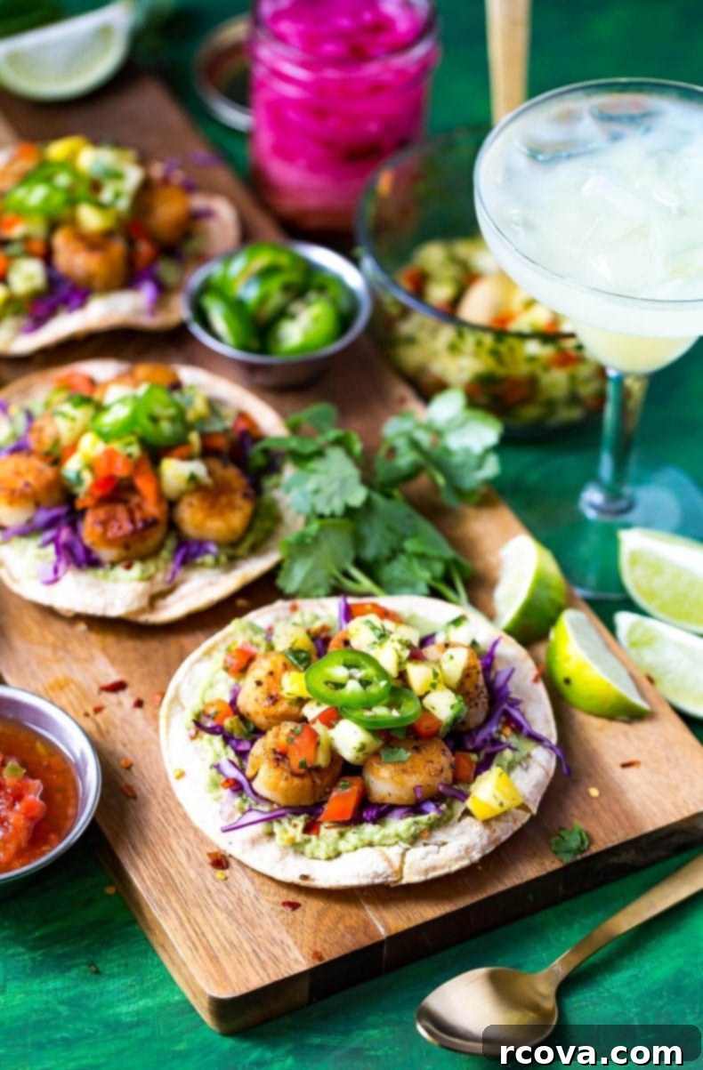 Sun Kissed Scallop Tacos with Pineapple Zing 8 These spicy Seared Scallop Tacos with a savory cilantro-filled Pineapple Salsa and served on corn tortillas are the perfect party food for Cinco de Mayo - with a twist!