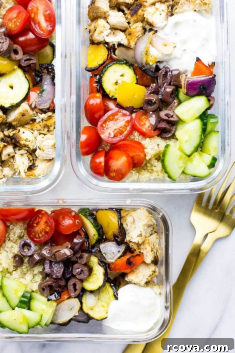Meal Prep Chicken Souvlaki Bowls 6 Overhead view of multiple Meal Prep Chicken Souvlaki Bowls arranged for storage