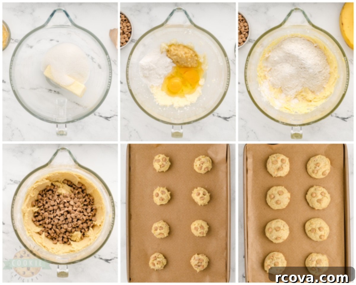 Peanut Butter Banana Bliss Bites 5 Step-by-step image collage showing how to prepare Peanut Butter Banana Cookies, from mixing ingredients to shaping dough.