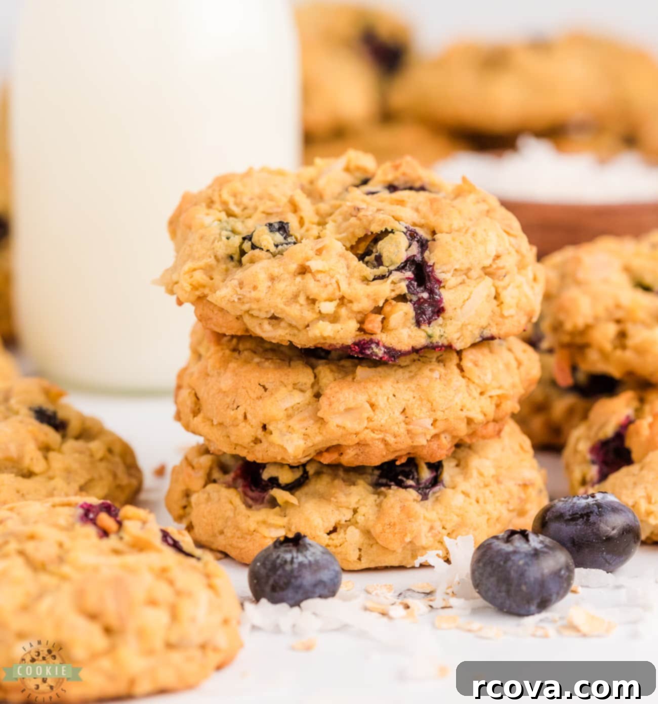 Soft and Chewy Blueberry Oatmeal Cookies 7 stack of blueberry oatmeal cookies