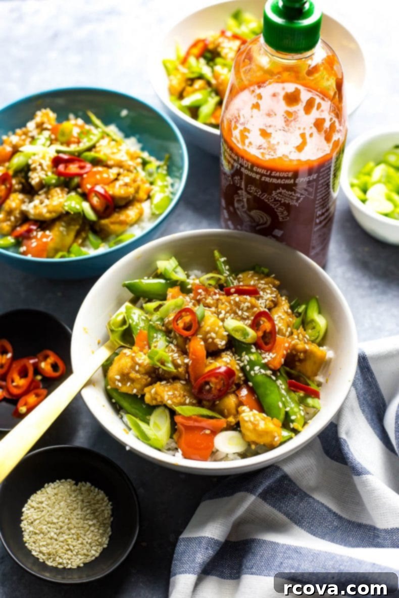 Easy Weeknight Sesame Chicken Rice Bowls 2 These 20-Minute Sesame Chicken Rice Bowls with jasmine rice and snap peas are a healthy takeout substitute, and ready in under half an hour!