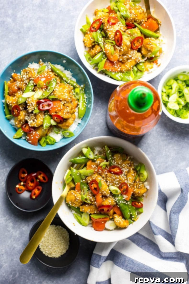 Easy Weeknight Sesame Chicken Rice Bowls 4 These 20-Minute Sesame Chicken Rice Bowls with jasmine rice and snap peas are a healthy takeout substitute, and ready in under half an hour!
