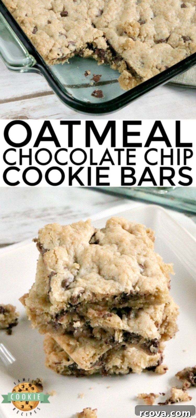 Oatmeal Chocolate Chip Delights 15 Soft and chewy Oatmeal Chocolate Chip Bars in a baking dish, ready to be served for a delightful dessert or snack.