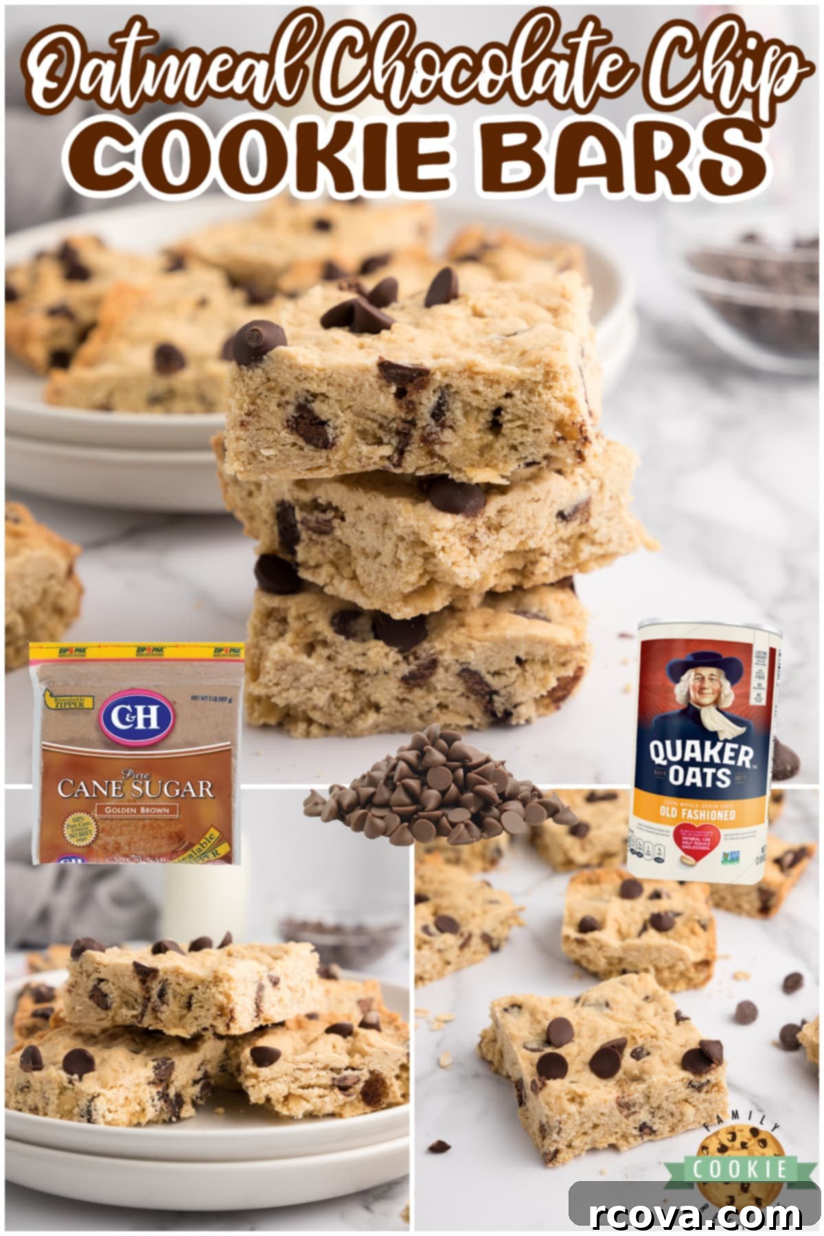 Oatmeal Chocolate Chip Delights 7 A collage of three images showing the process of making Oatmeal Chocolate Chip Cookie Bars, from dough to baked goodness.