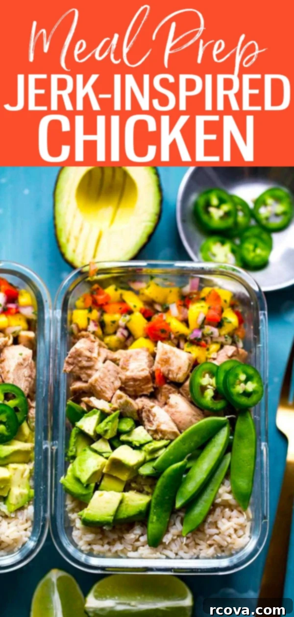 Island Jerk Chicken Rice Bowls 10 These Jerk-Inspired Chicken Rice Bowls are the most delicious meal prep lunch idea with mango salsa, homemade jerk marinade and brown rice. #jerkchicken #mealprep