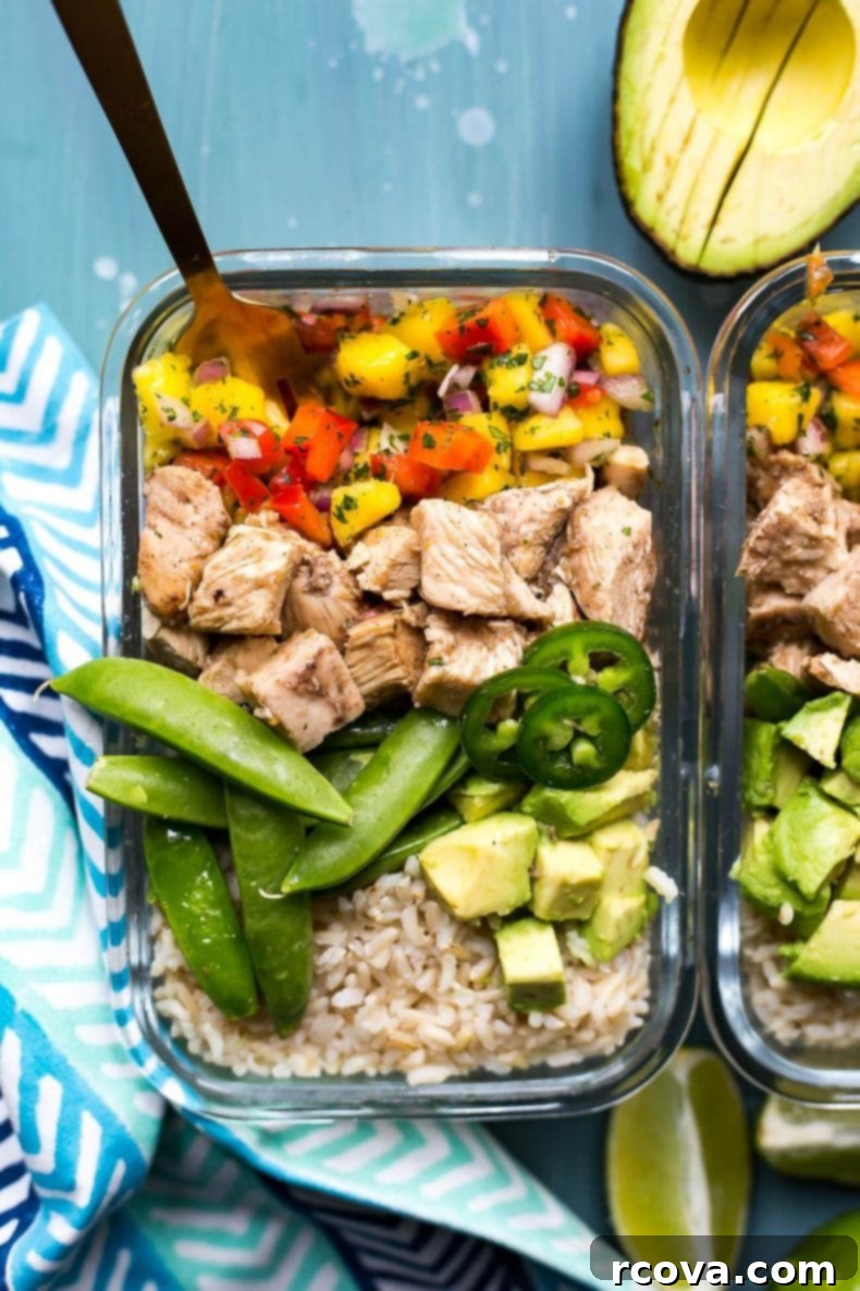 Island Jerk Chicken Rice Bowls 5 These Meal Prep Jerk Chicken Rice Bowls are the most delicious Caribbean-inspired lunch idea with mango salsa, avocado, jalapenos and brown rice!