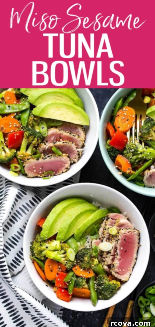 Golden Miso Sesame Tuna Bowls 10 These Miso Sesame Tuna Rice Bowls are filled with seared ahi tuna, stir fried veggies and a savoury miso sauce topped with fresh avocado! #sesametuna #ricebowls