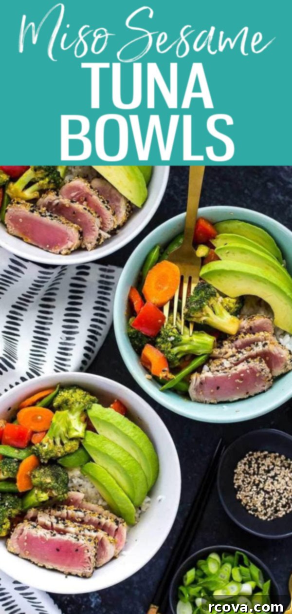 Golden Miso Sesame Tuna Bowls 11 These Miso Sesame Tuna Rice Bowls are filled with seared ahi tuna, stir fried veggies and a savoury miso sauce topped with fresh avocado! #sesametuna #ricebowls