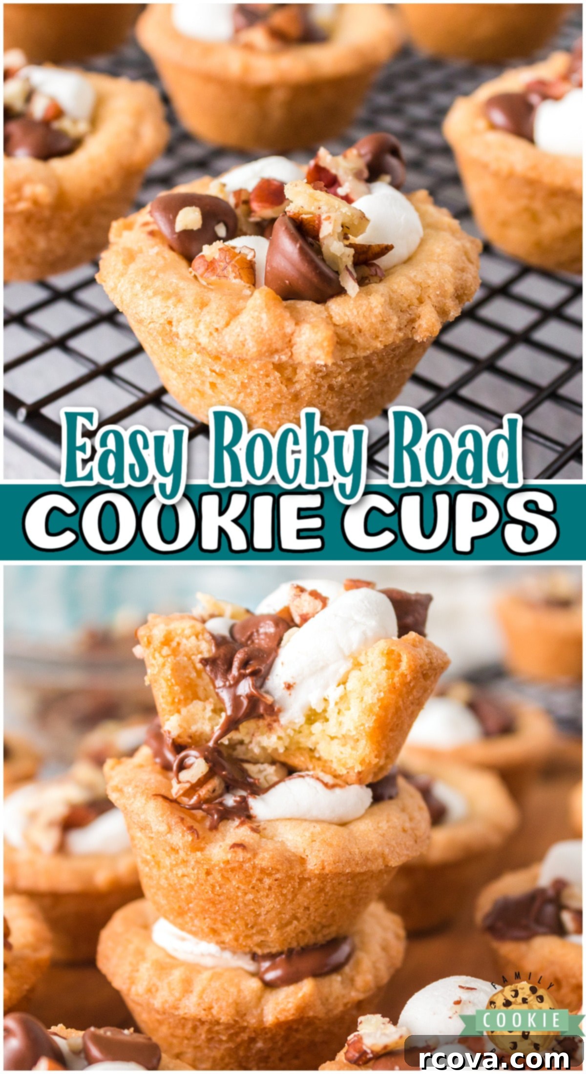 Decadent Rocky Road Cookie Cups 9 Rocky Road Cookie Cups made with a sugar cookie mix and topped with marshmallows, chocolate chips and pecans! Delightful rocky road dessert in cookie form for bite-sized fun! A complete recipe ready to impress any crowd.