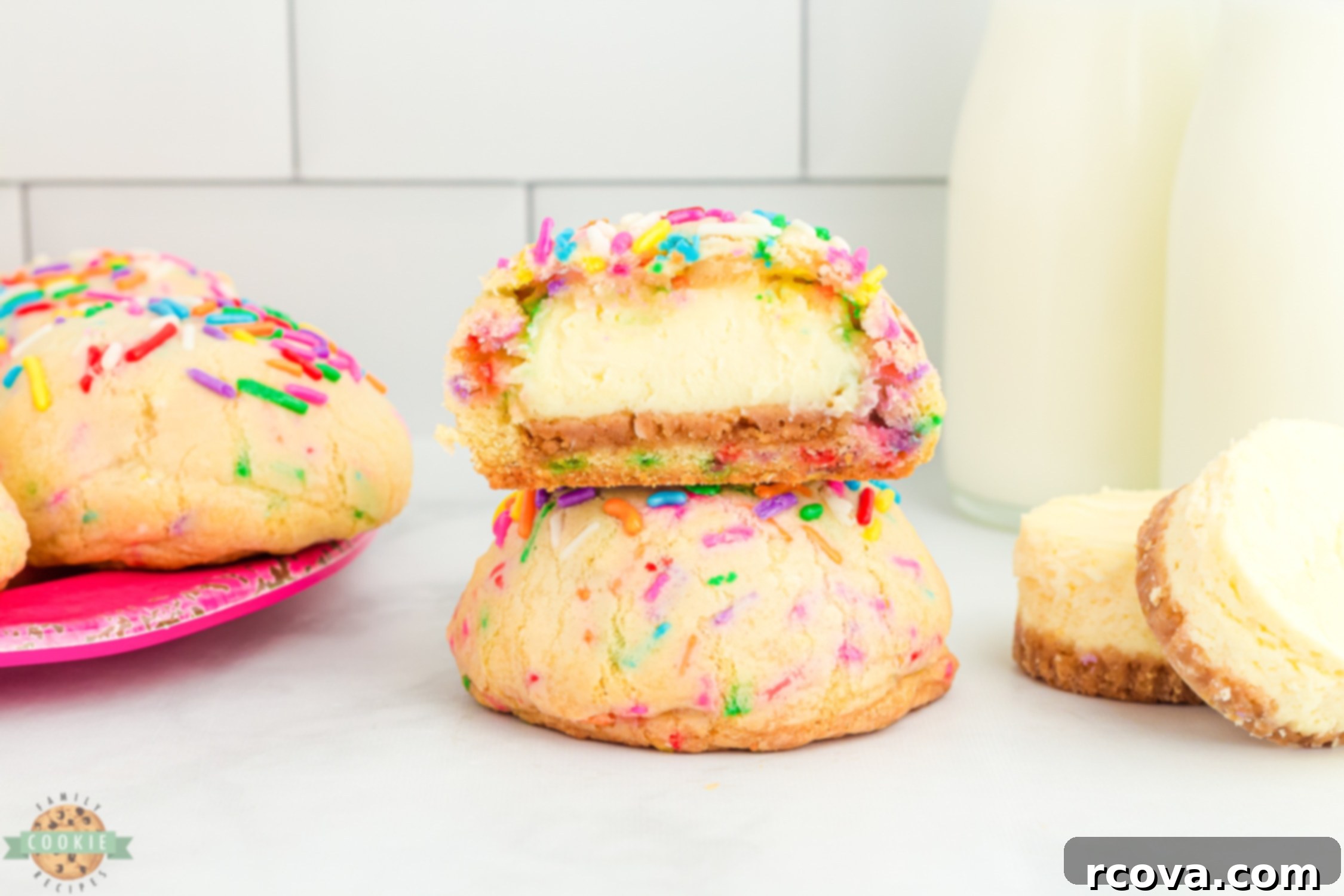 Cheesecake-Filled Funfetti Cookie Delights 2 cheesecake stuffed funfetti sprinkle cookies