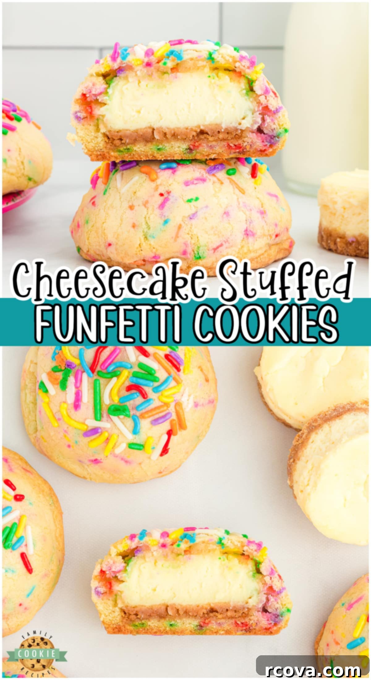 Cheesecake-Filled Funfetti Cookie Delights 13 Cheesecake Stuffed Funfetti Cookies are two epic desserts in one: creamy cheesecake stuffed in soft, sweet cookie dough with sprinkles!