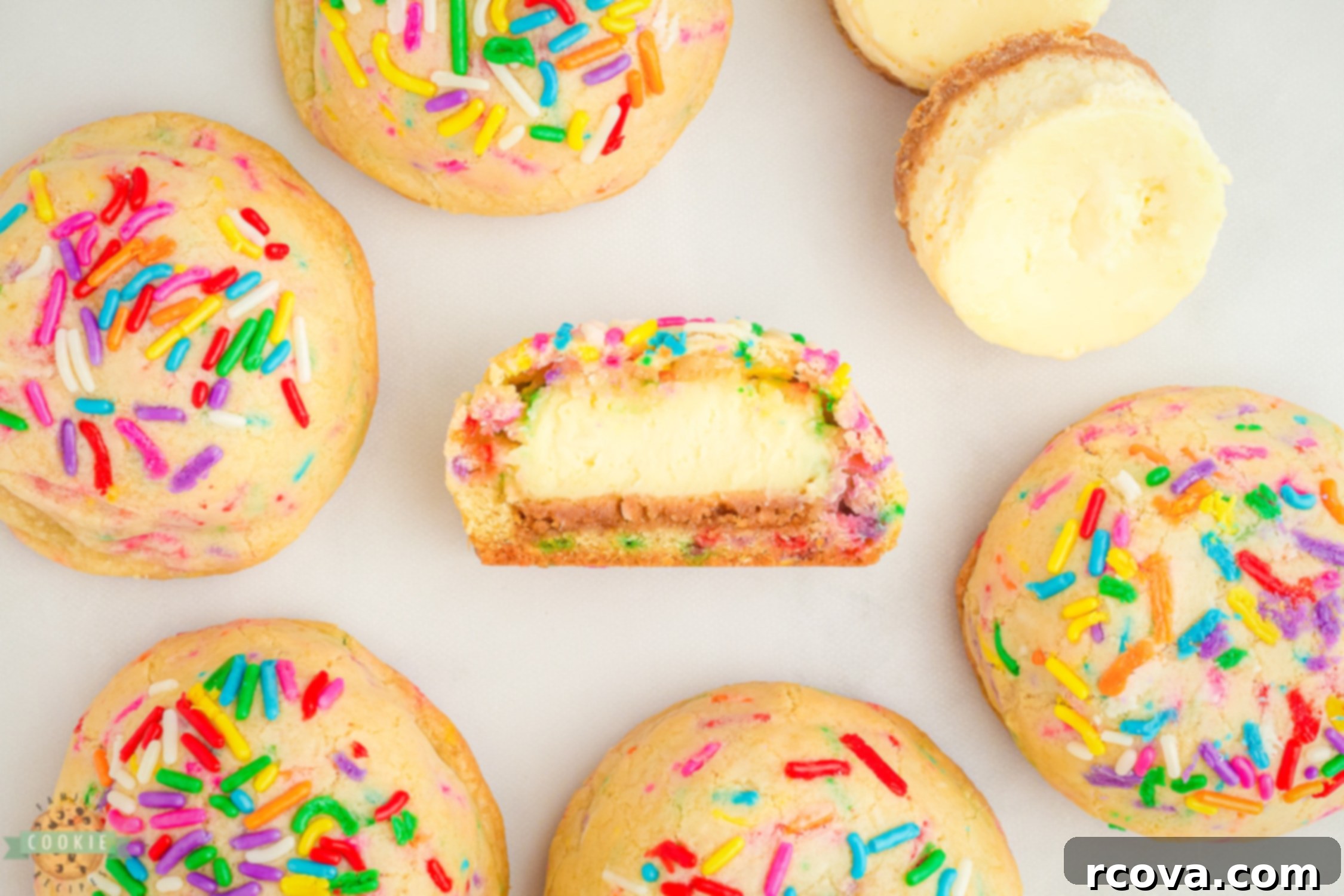 Cheesecake-Filled Funfetti Cookie Delights 3 cheesecake stuffed inside a cookie