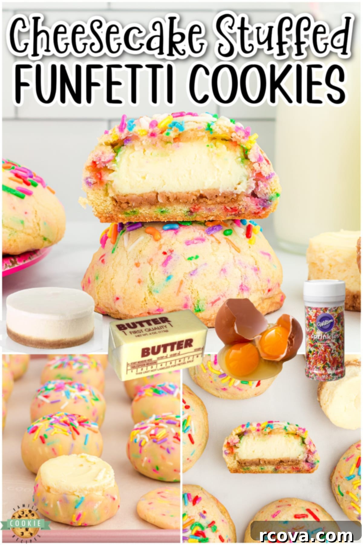 Cheesecake-Filled Funfetti Cookie Delights 7 Cheesecake Stuffed Funfetti Cookies are two epic desserts in one: creamy cheesecake stuffed in soft, sweet cookie dough with sprinkles!