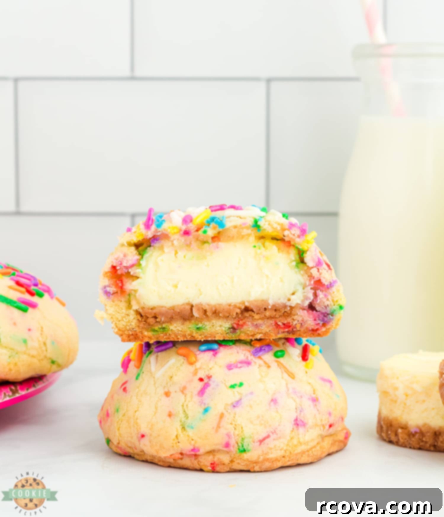 Cheesecake-Filled Funfetti Cookie Delights 9 baked funfetti birthday cookies with cheesecake