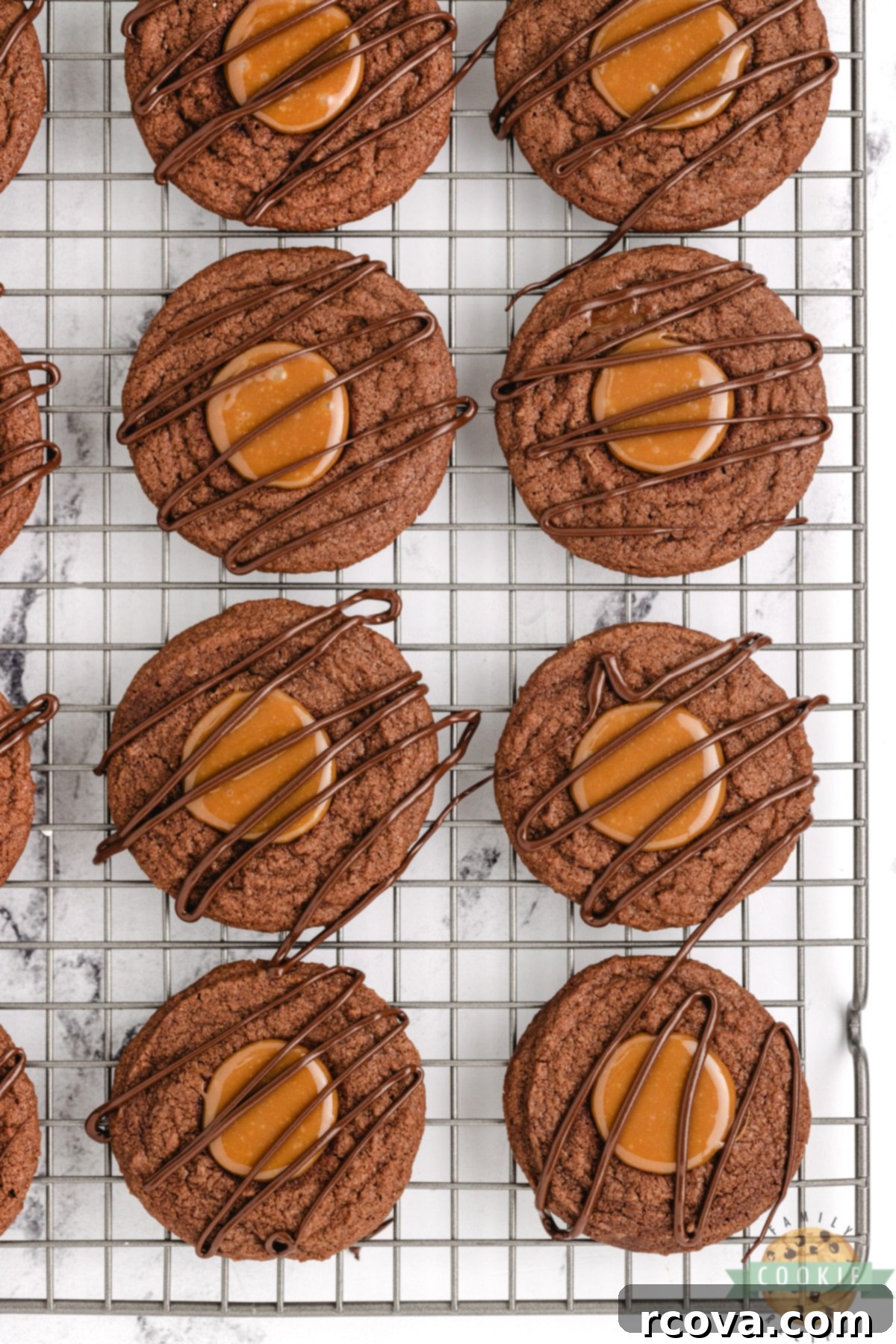 Decadent Caramel Brownie Thumbprint Cookies 13 Caramel Brownie Thumbprint Cookies arranged beautifully on a serving dish.