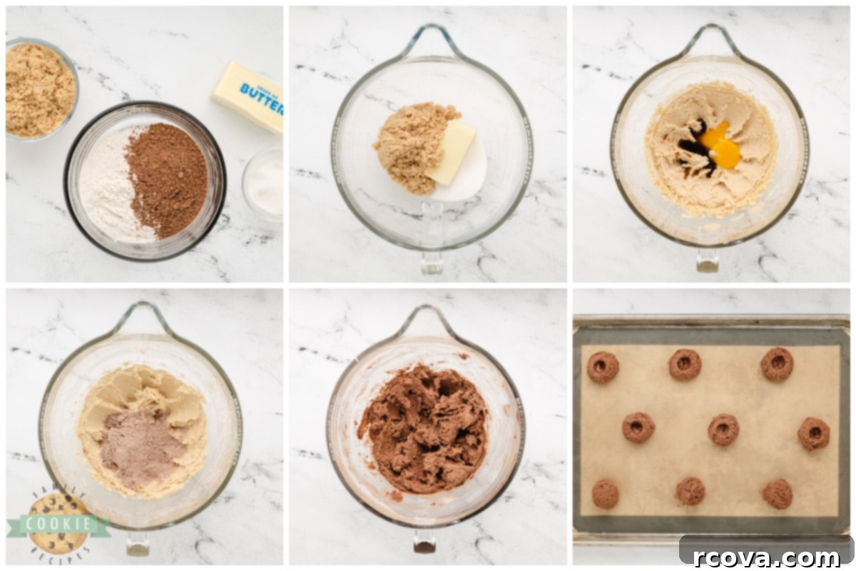 Decadent Caramel Brownie Thumbprint Cookies 5 Hands pressing indentations into chocolate cookie dough balls.