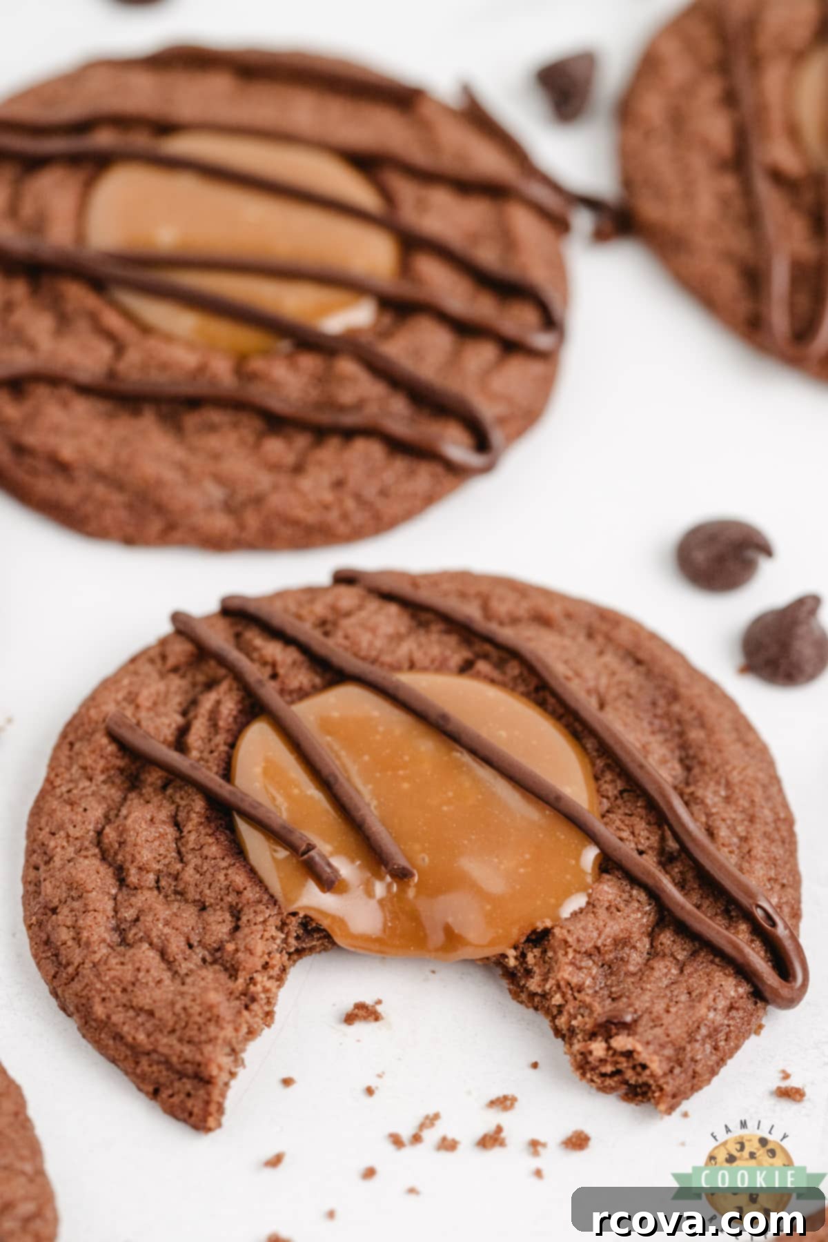 Decadent Caramel Brownie Thumbprint Cookies 8 Close-up of a chocolate cookie filled with golden caramel.