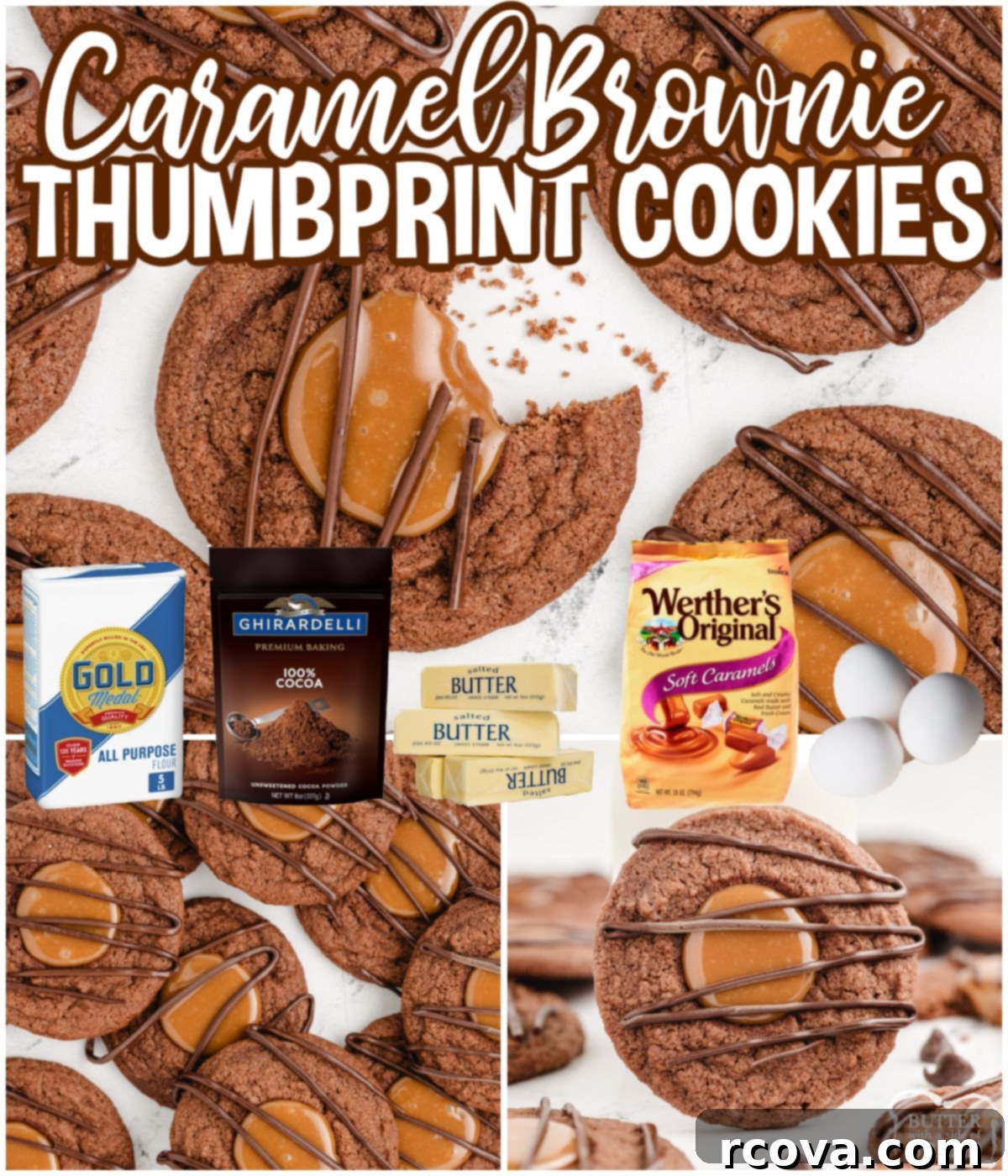Decadent Caramel Brownie Thumbprint Cookies 9 A collage of Caramel Brownie Thumbprint Cookies, showcasing their rich appearance and delicious filling.